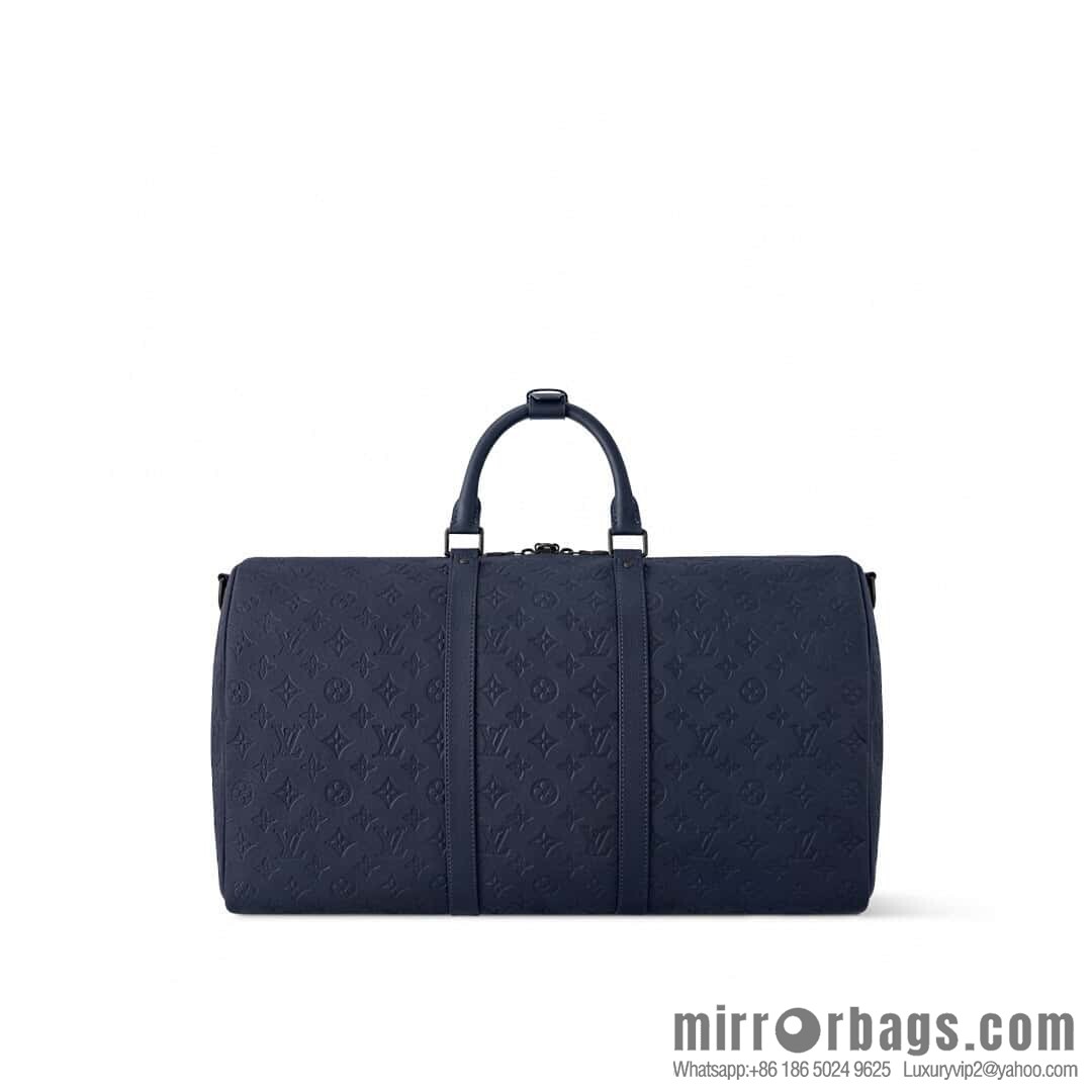 [Premium‑quality] M14840 dark blue, full leather embossed travel bag KEEPALL BANDOULIZRE 50 travel bag