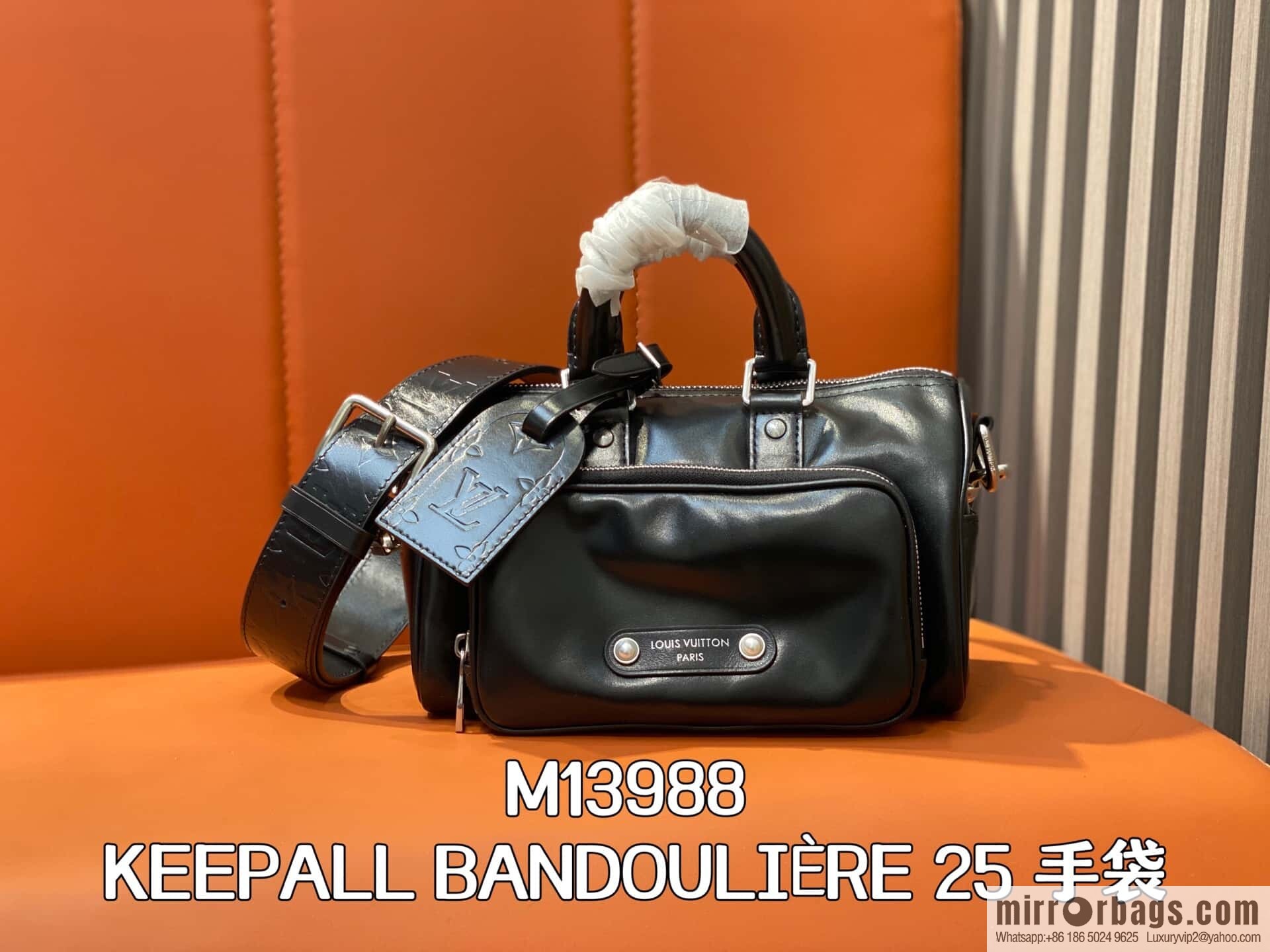 [Boutique‑grade] M13988 black full leather men's bag, pillow bag KEEPALL BANDOULIZRE 25 handbag
