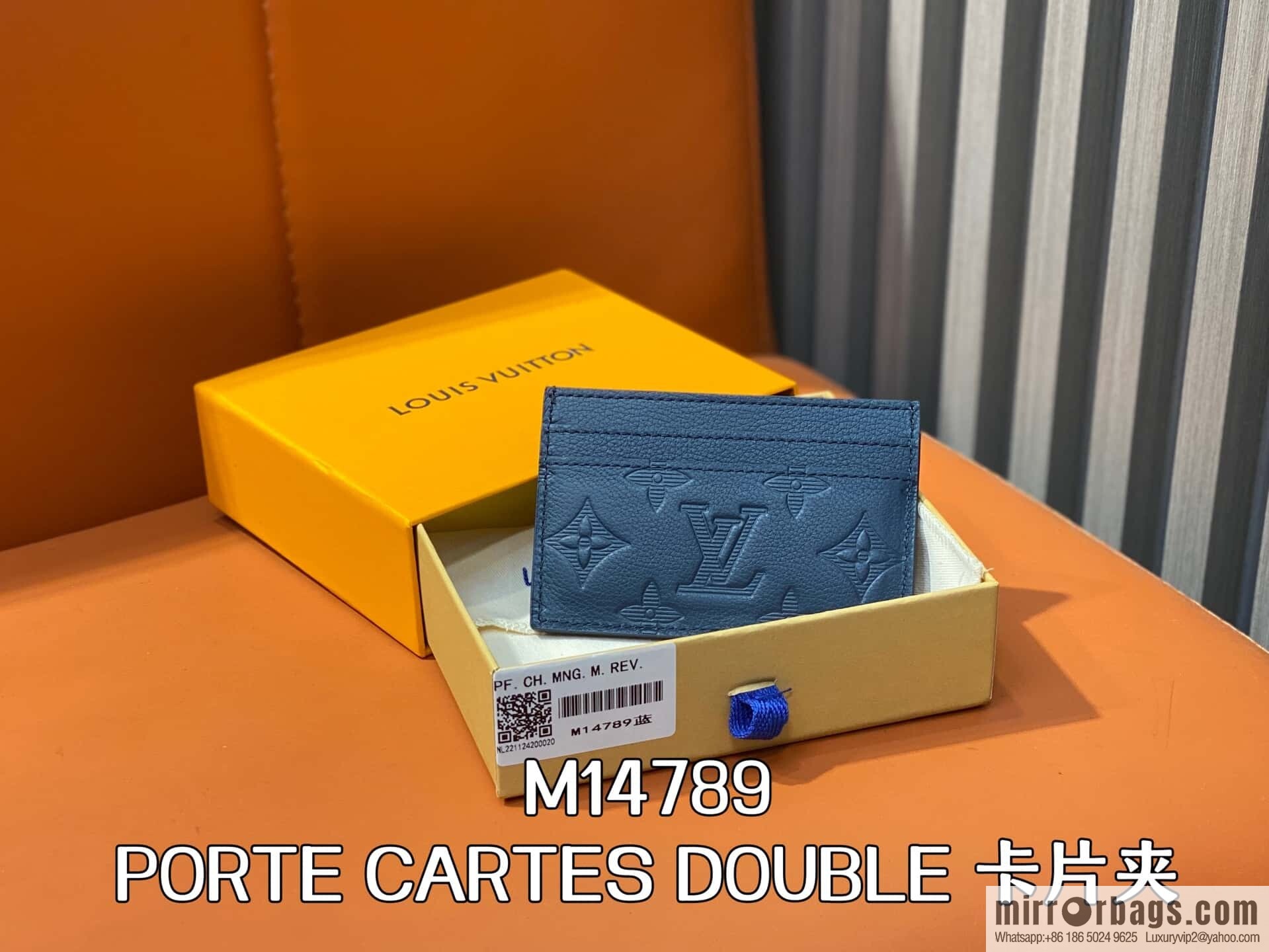 [Boutique‑grade] M14789 dark blue full leather embossed card holder wallet PORTE CARTES DOUBLE card