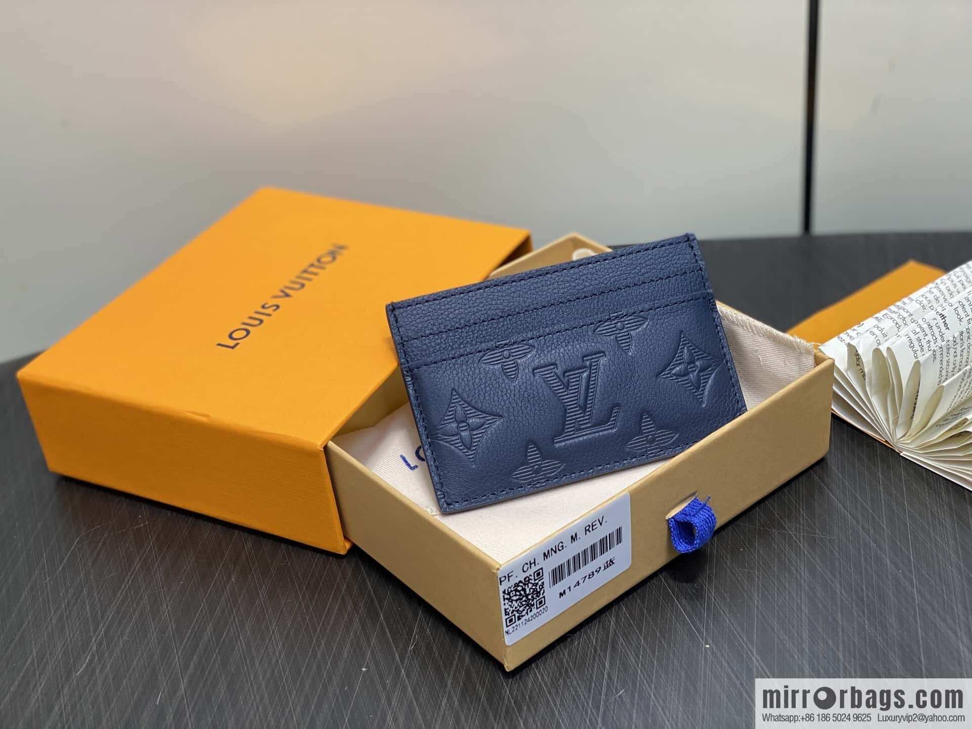 [Boutique‑grade] M14789 dark blue full leather embossed card holder wallet PORTE CARTES DOUBLE card