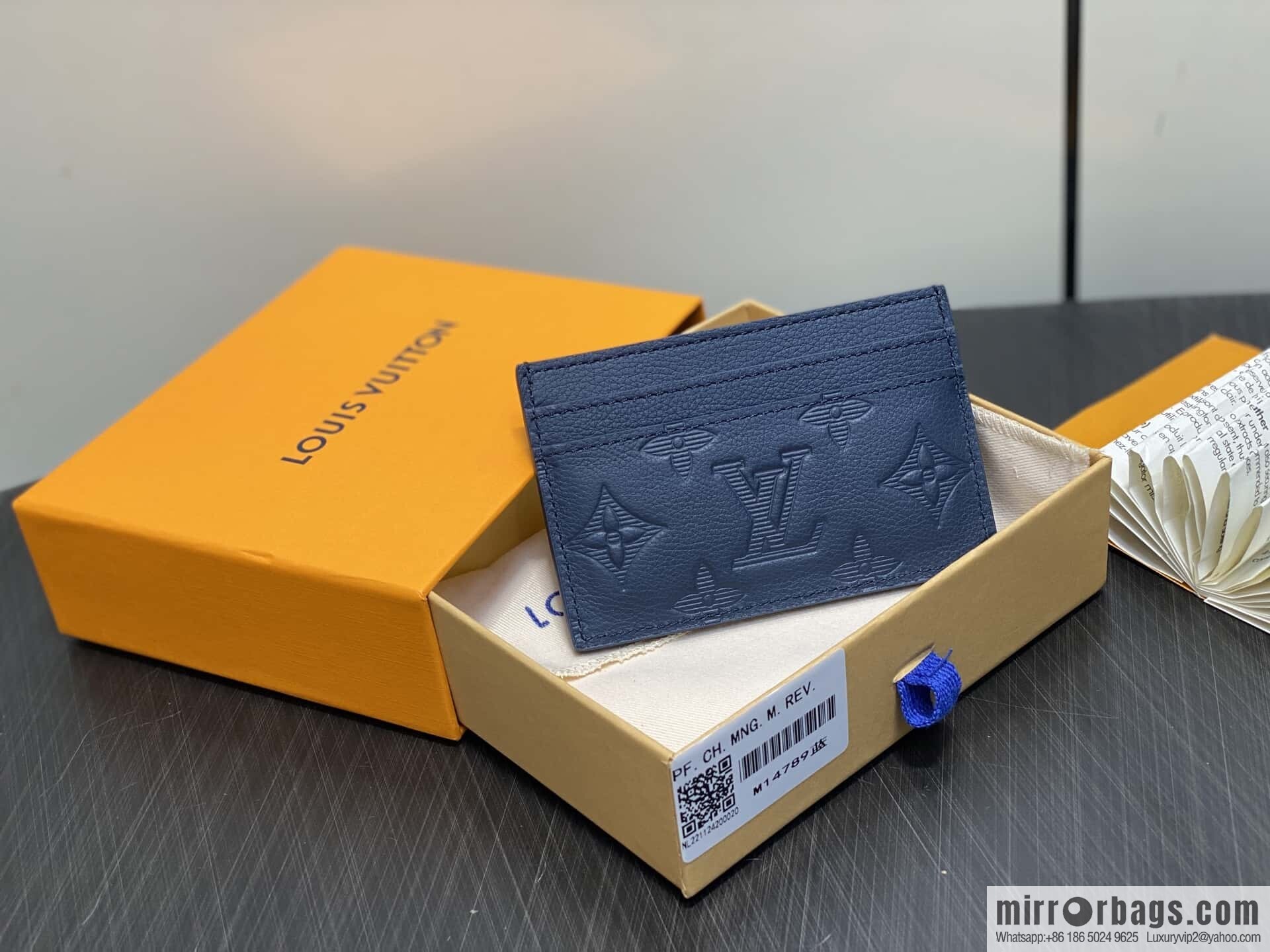 [Boutique‑grade] M14789 dark blue full leather embossed card holder wallet PORTE CARTES DOUBLE card