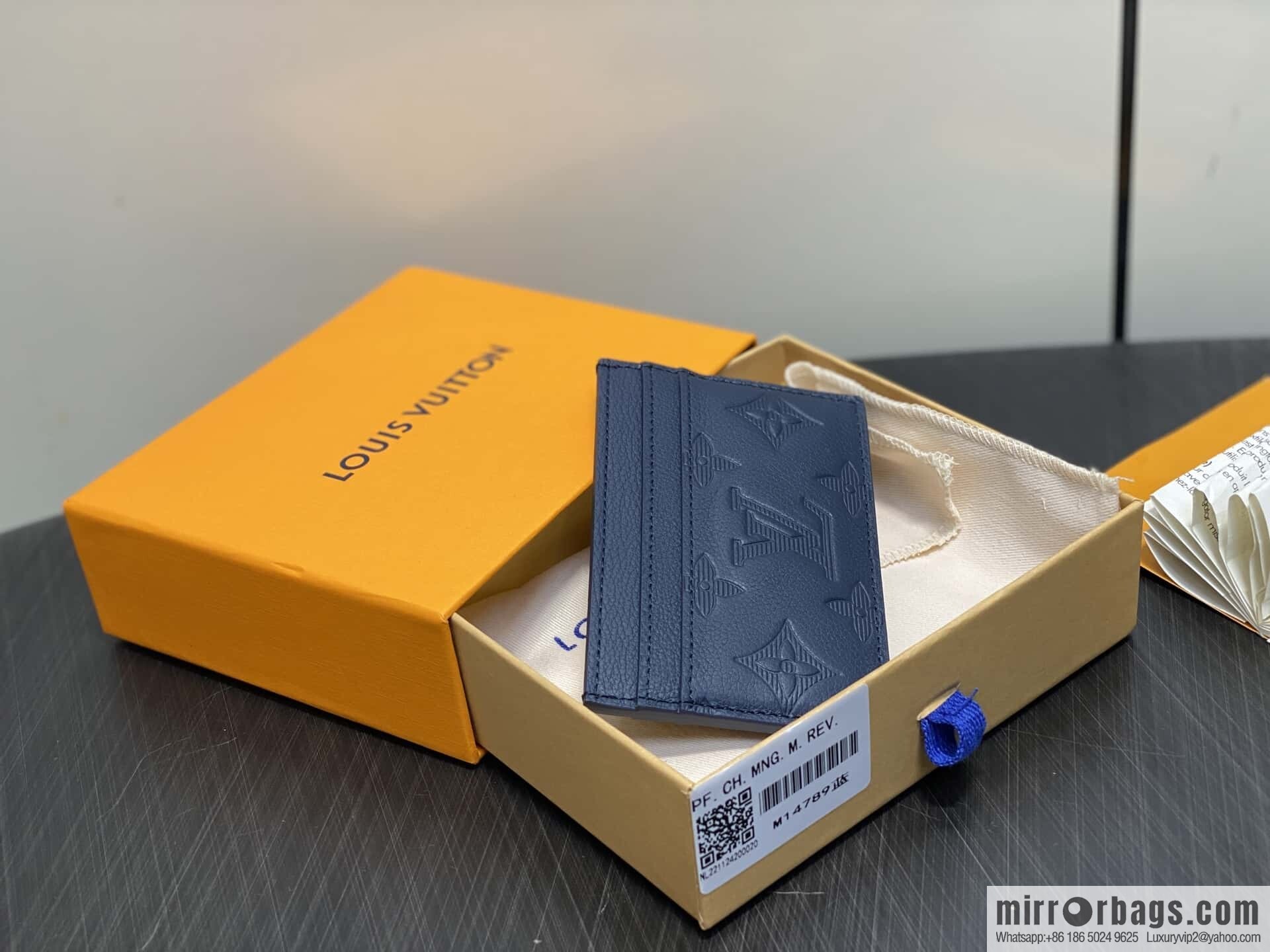 [Boutique‑grade] M14789 dark blue full leather embossed card holder wallet PORTE CARTES DOUBLE card