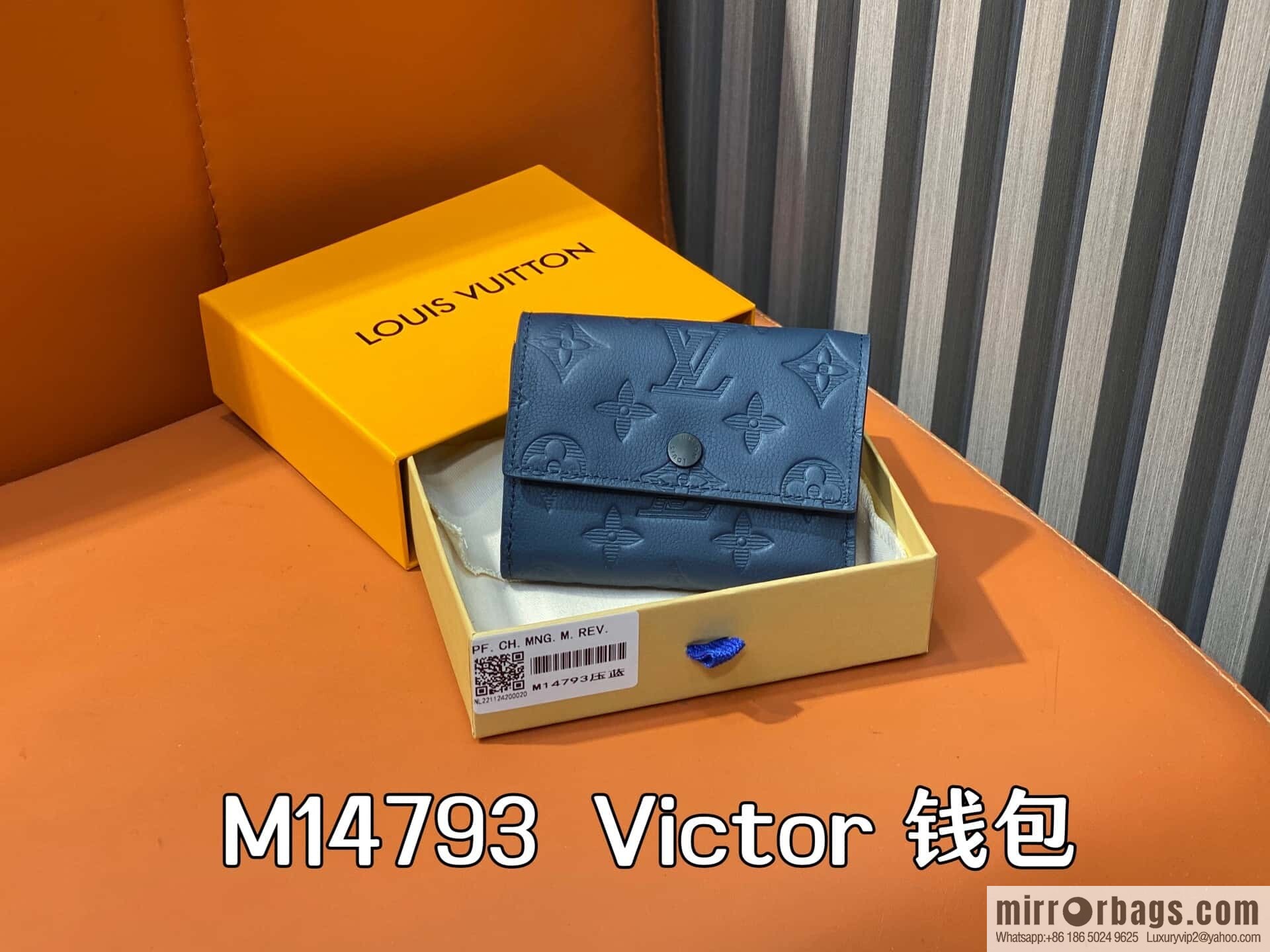 [Premium‑quality] M14793 dark blue, full leather embossed M12598 tri-fold wallet Victor wallet