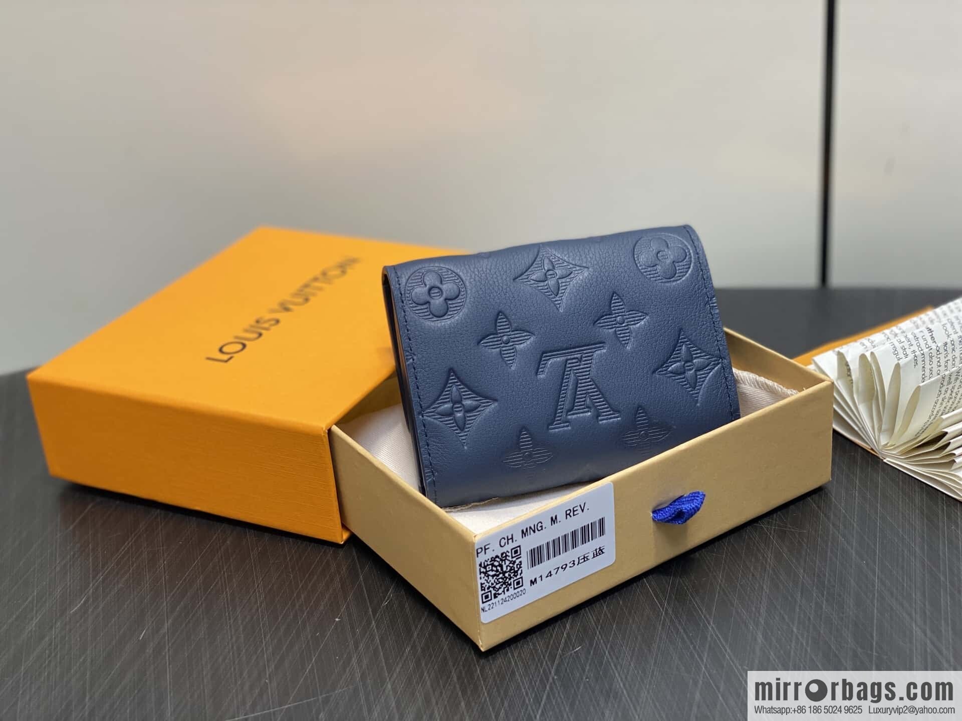 [Premium‑quality] M14793 dark blue, full leather embossed M12598 tri-fold wallet Victor wallet