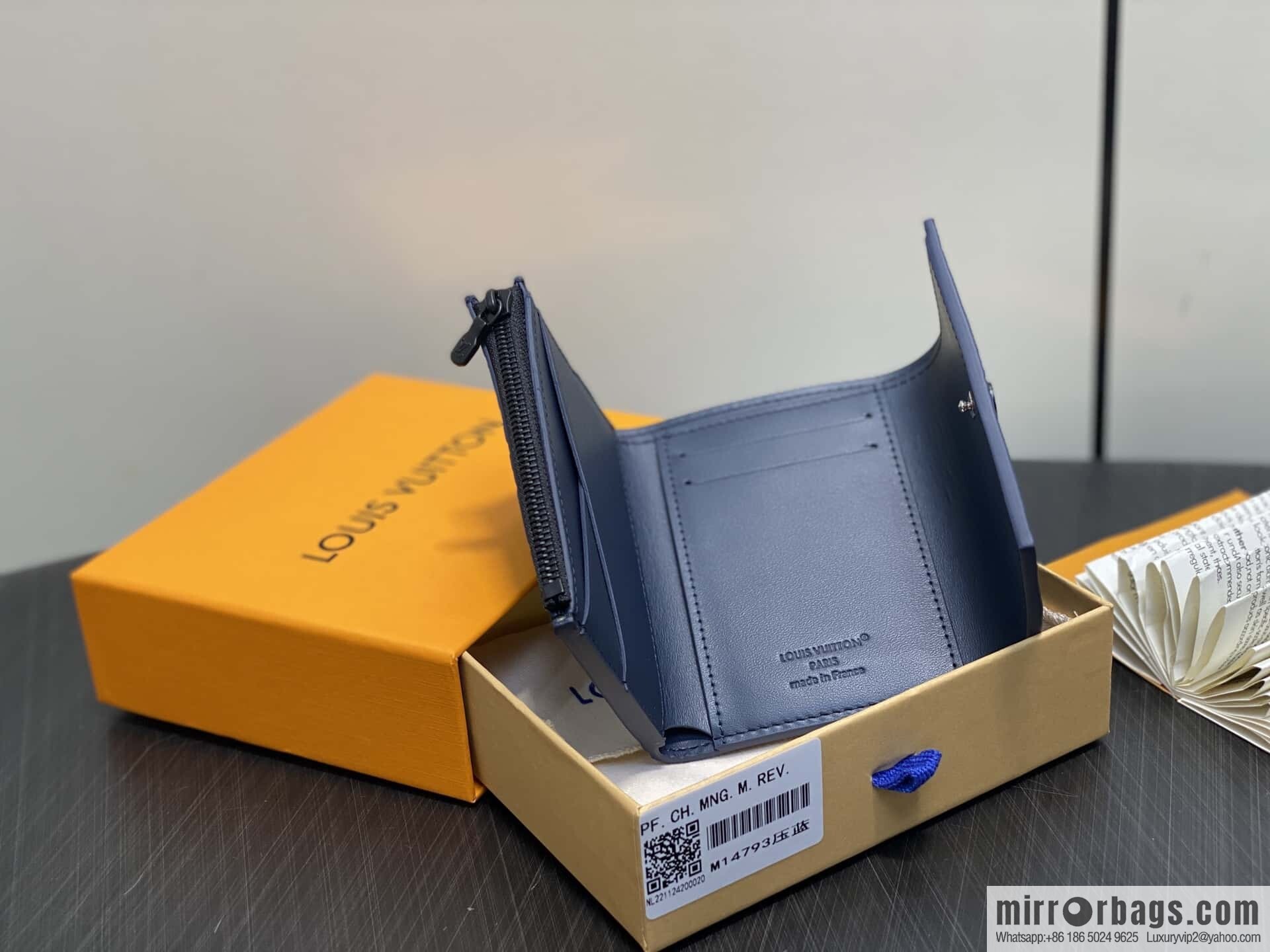 [Premium‑quality] M14793 dark blue, full leather embossed M12598 tri-fold wallet Victor wallet