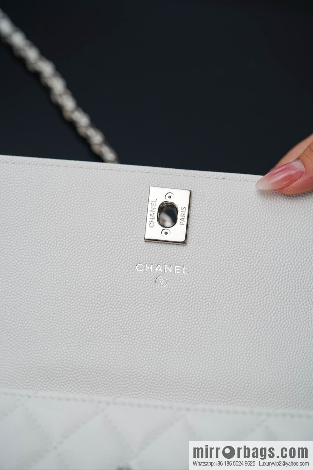 𝐂𝐡𝐚𝐧𝐞𝐥 𝟐𝟓𝐏 Handle Organ Bag, Silver 🤍 Litchi Cow AP3705