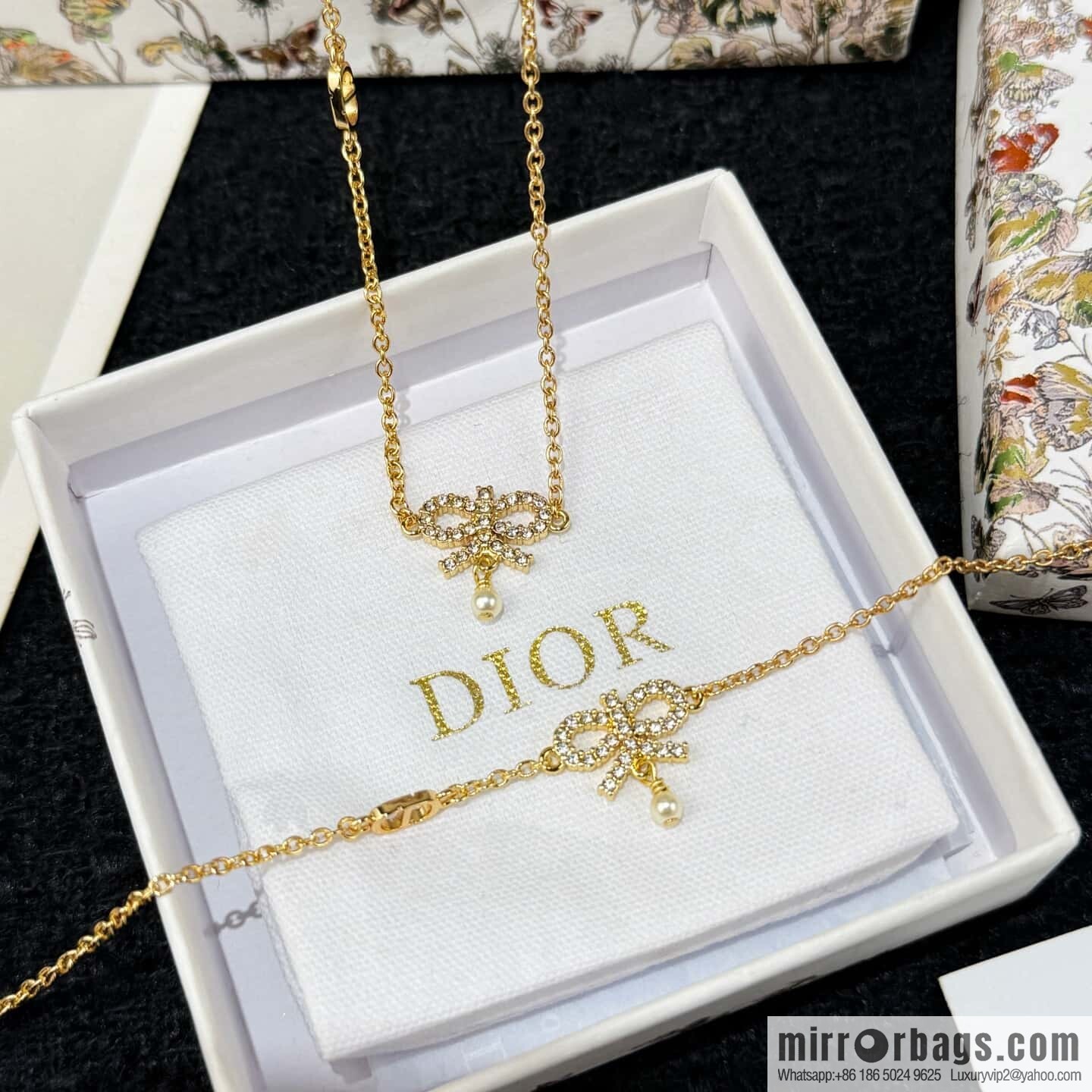 ❗️New ❗️ ☀️ New ☑️ Dior Dior pearl bow full diamond necklace earrings stud earrings bracelet ☀️