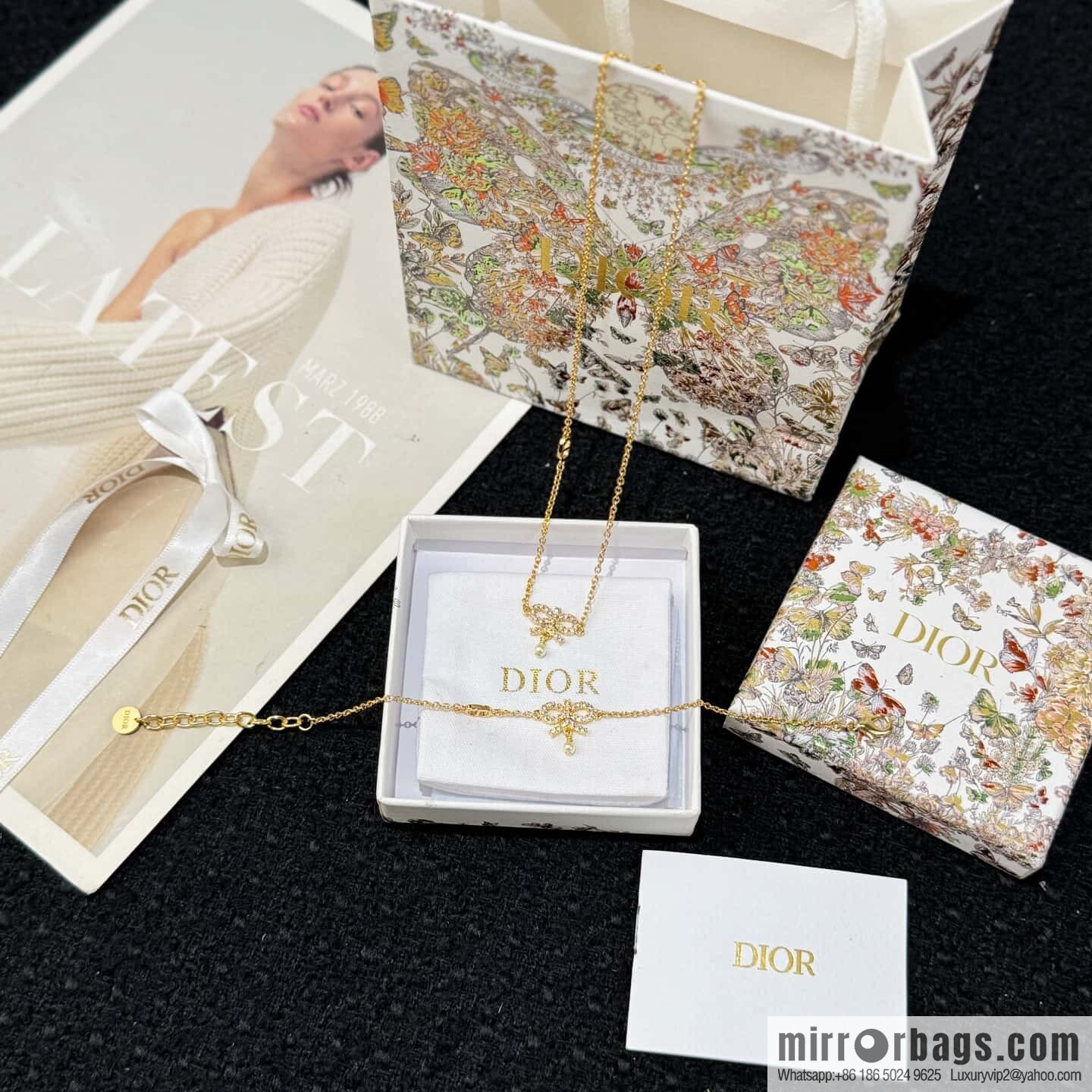 ❗️New ❗️ ☀️ New ☑️ Dior Dior pearl bow full diamond necklace earrings stud earrings bracelet ☀️