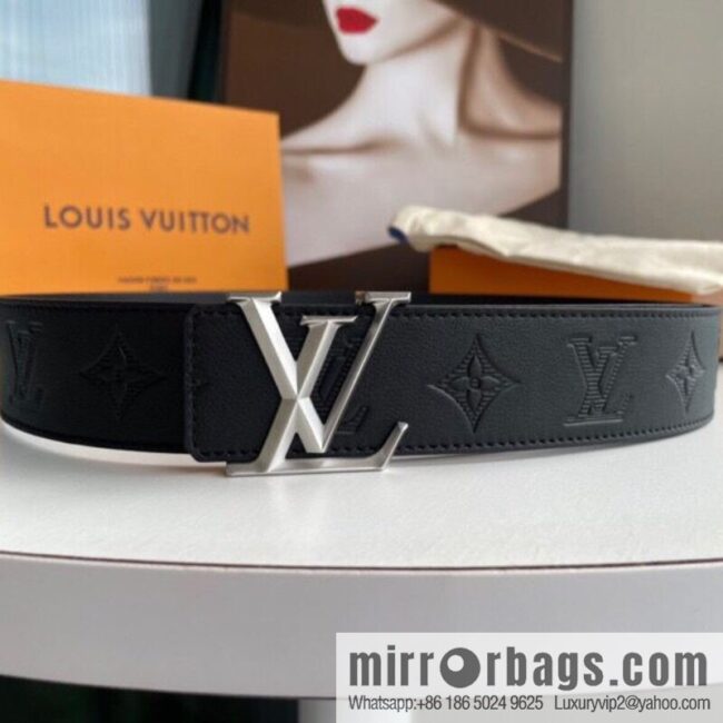 LV/Louis Vuitton, letter rhombus metal buckle black cowhide embossed belt 40mm