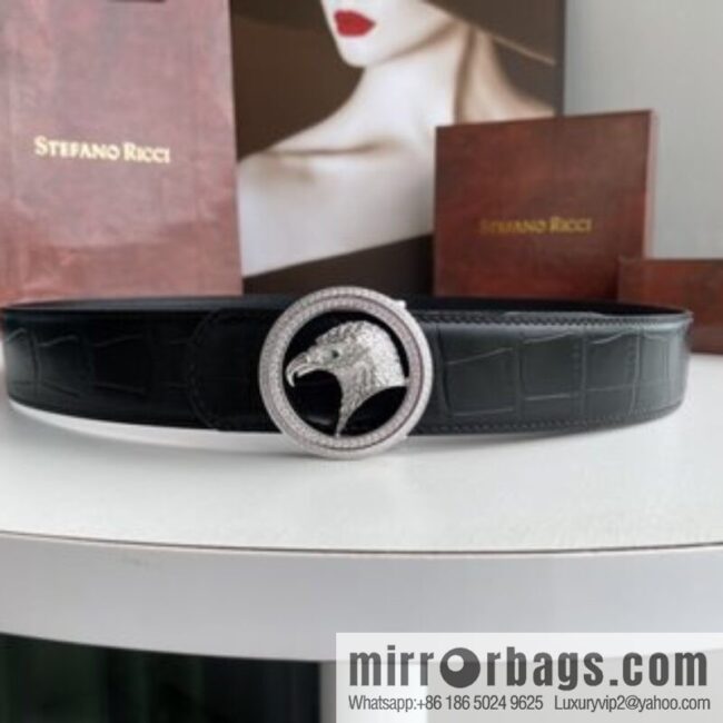 STEFANO RICCI Stephen Raunich Counter Stainless Steel Eagle Head Double Ring Inlaid Diamond Embellished Buckle 3.8cm First Layer Cowhide Fine Imitation Crocodile Leather Belt