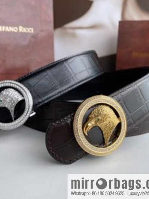 STEFANO RICCI Stephen Raunich Counter Stainless Steel Eagle Head Double Ring Inlaid Diamond Embellished Buckle 3.8cm First Layer Cowhide Fine Imitation Crocodile Leather Belt