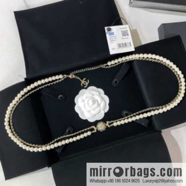 CHANEL CHANEL Double C Black Leather Rope Double Pearl Waist Chain Belt