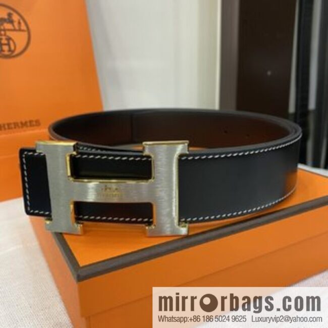 Hermès, stainless steel horse-drawn carriage micro-welding process button head buckle, double-sided delicate cowhide belt