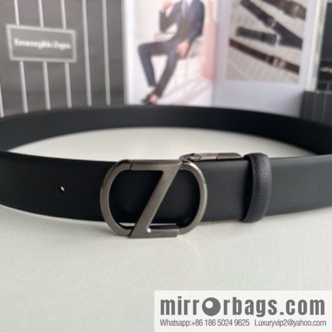 Z ZEGNA Zegna men\'s black first layer cowhide leather plate buckle belt 3.5cm