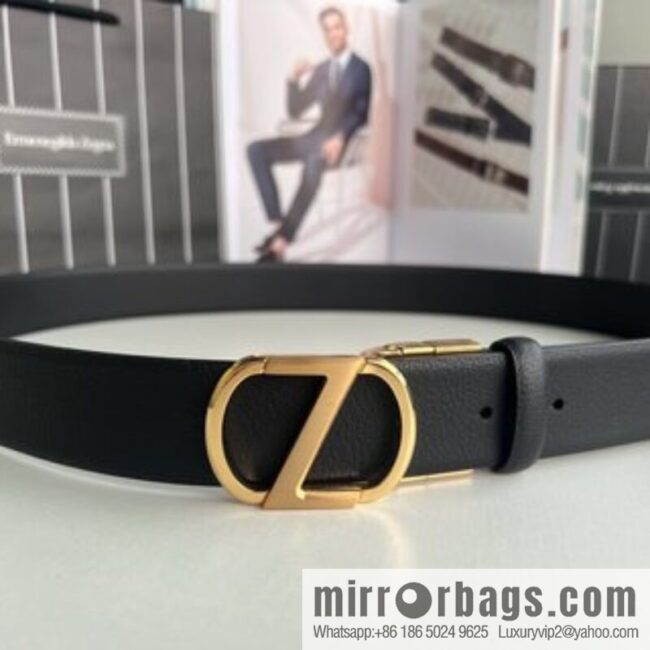 Z ZEGNA Zegna men\'s black first layer cowhide leather plate buckle belt 3.5cm
