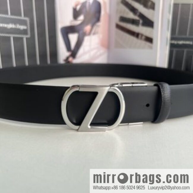 Z ZEGNA Zegna men\'s black first layer cowhide leather plate buckle belt 3.5cm
