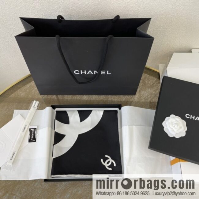 Chanel classic black and white grid large C100% silk scarf