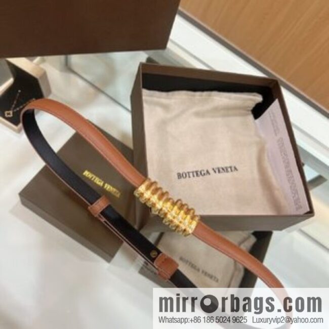 BV Baodian Replica Luxury Handbag, Brown Gold Metal Buckle Wrapped Irregular Design Gold Ring Decorative Waist Belt