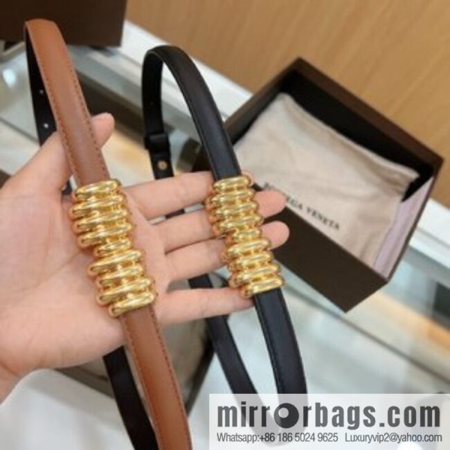 BV Baodian Replica Luxury Handbag, Brown Gold Metal Buckle Wrapped Irregular Design Gold Ring Decorative Waist Belt
