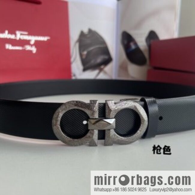 Ferragamo Ferragamo, first layer cowhide embossed pattern Gancini pattern metal buckle men\'s 3.5cm belt