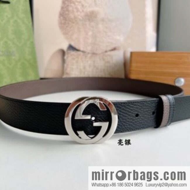 Gucci Gucci 3.5cm full leather black coffee double G gold/silver buckle belt