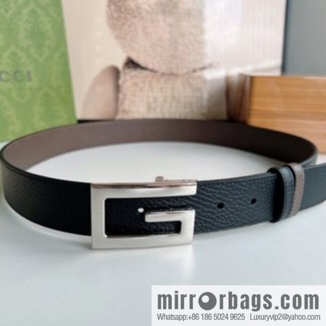 Gucci Gucci 3.5cm full leather black coffee double G gold/silver buckle belt