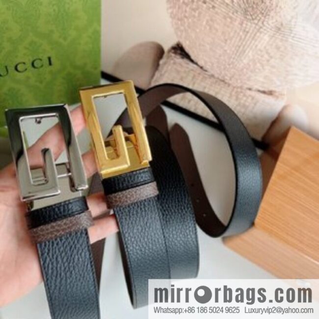 Gucci Gucci 3.5cm full leather black coffee double G gold/silver buckle belt