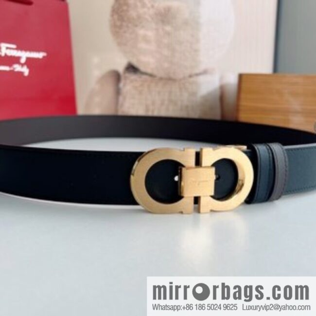 Ferragamo 8-figure buckle oblique inner profile polished double-sided first-layer cowhide belt 3.5cm