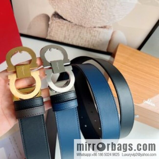 Ferragamo 8-figure buckle oblique inner profile polished double-sided first-layer cowhide belt 3.5cm