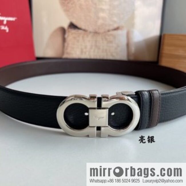 Salvatore Ferragamo Men\'s 3.5cm Delicate Counter Version Double Circle Horseshoe Metal Buckle, First Layer Cowhide Double Sided Belt