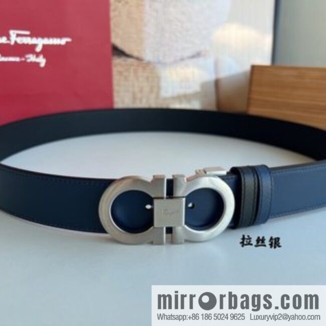 Salvatore Ferragamo Men\'s 3.5cm Delicate Counter Version Double Circle Horseshoe Metal Buckle First Layer Cowhide Double Sided Belt