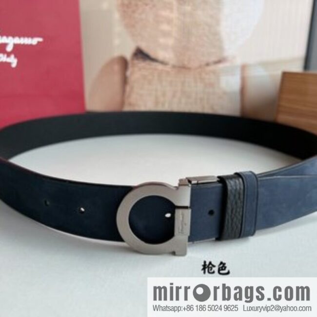 Salvatore Ferragamo Men\'s 3.5cm Counter Rotating Metal Clip Buckle, Imported First Layer Cowhide Swing Pattern Suede Lined Belt