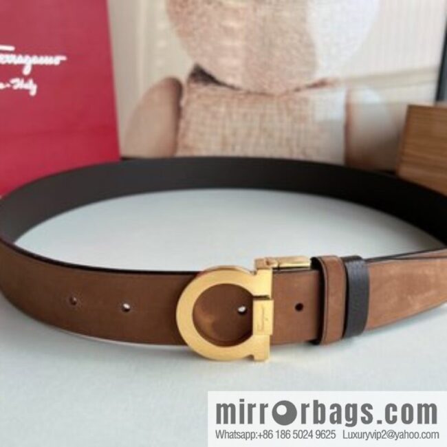 Salvatore Ferragamo Men\'s 3.5cm Counter Rotating Metal Clip Buckle, Imported First Layer Cowhide Swing Pattern Suede Lined Belt