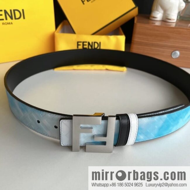 FENDI\'s latest extraordinary creative gradual change printing light blue double FF cowhide belt 4.0cm