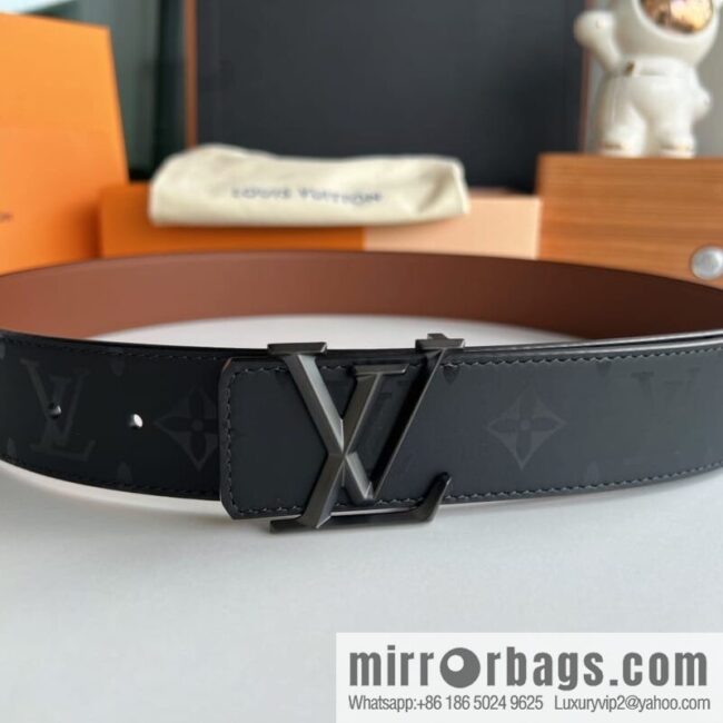 LV/Louis Vuitton, black flower men\'s double-sided PYRAMIDE calfskin brown belt