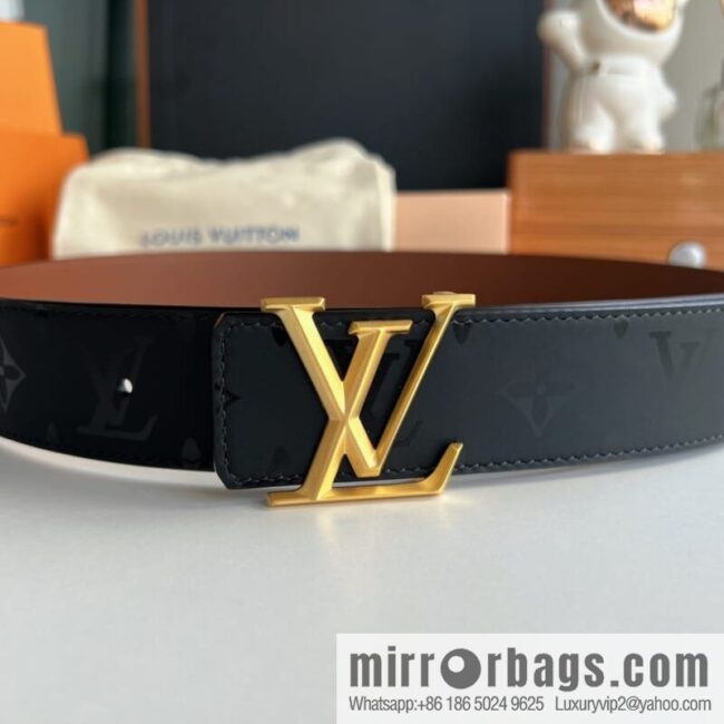 LV/Louis Vuitton, black flower men\'s double-sided PYRAMIDE calfskin brown belt