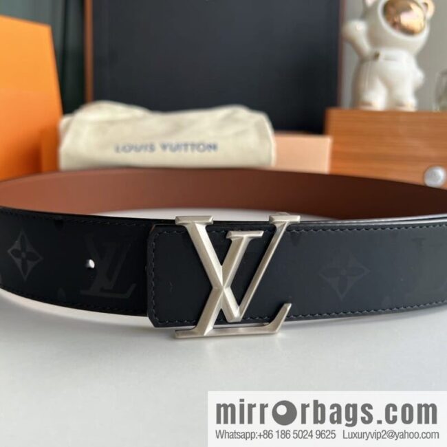 LV/Louis Vuitton, black flower men\'s double-sided PYRAMIDE calfskin brown belt
