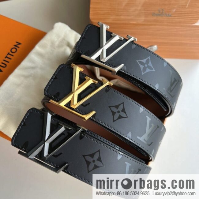 LV/Louis Vuitton, black flower men\'s double-sided PYRAMIDE calfskin brown belt