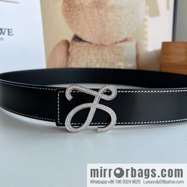 Loewe stainless steel logo inlaid diamond buckle combined with the first layer of cowhide double-sided external boutique belt 3.8cm