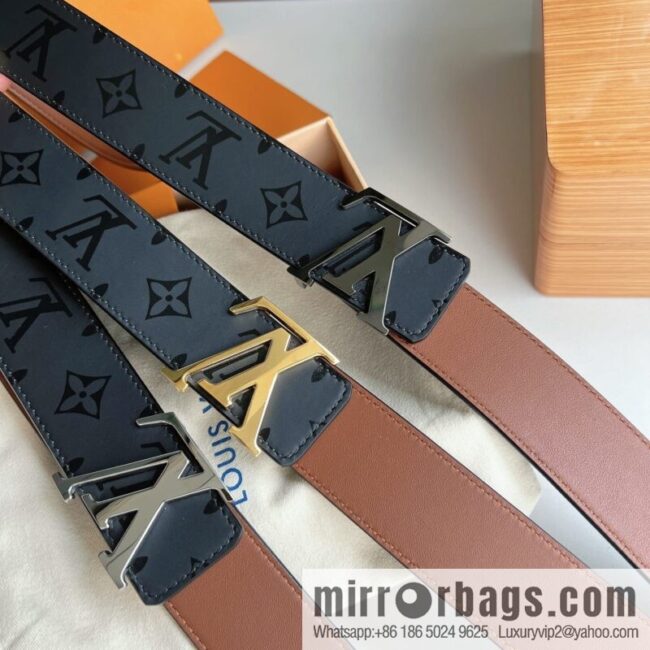 LV/Louis Vuitton, black flower men\'s double-sided PYRAMIDE calfskin brown belt