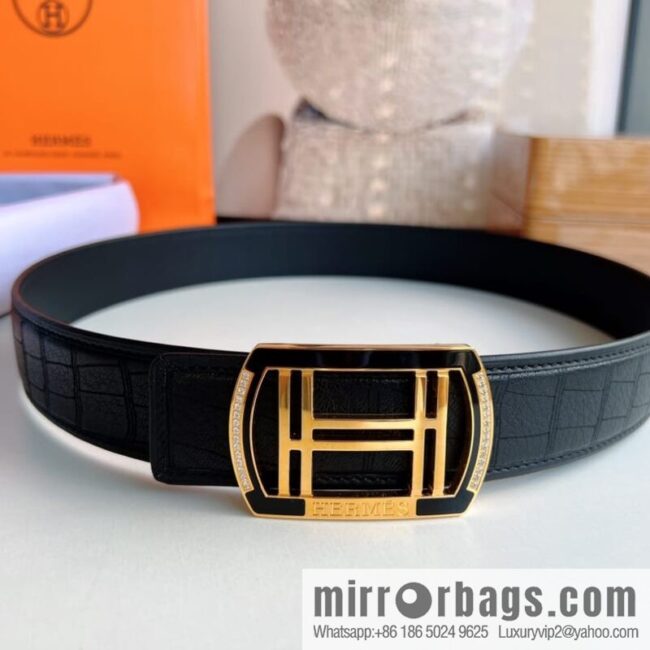 Hermes Hermes, Stainless Steel H Square Resin Inlaid Diamond Buckle Men\'s 3.8cm Belt