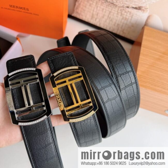 Hermes Hermes, Stainless Steel H Square Resin Inlaid Diamond Buckle Men\'s 3.8cm Belt