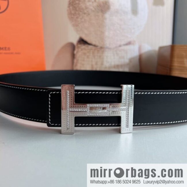 Hermes Hermes, stainless steel inlaid diamond metal buckle with first layer cowhide double-sided men\'s 3.8cm belt