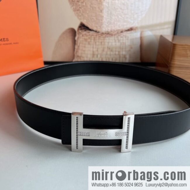 Hermes Hermes, stainless steel inlaid diamond metal buckle with first layer cowhide double-sided men\'s 3.8cm belt