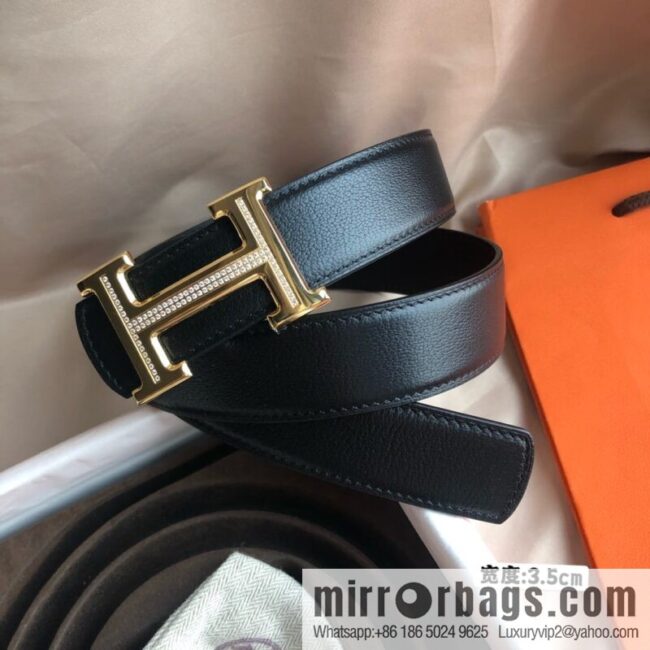 Hermes Hermes, men\'s 3.5cm first layer cowhide sheepskin with stainless steel H inlaid diamond buckle belt