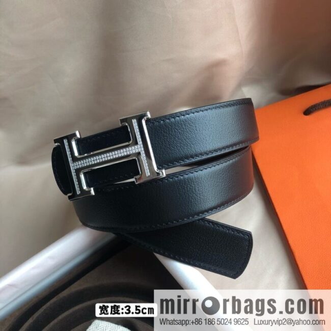 Hermes Hermes, men\'s 3.5cm first layer cowhide sheepskin with stainless steel H inlaid diamond buckle belt