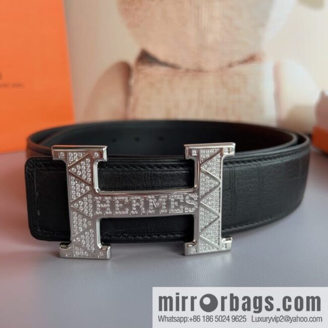 Hermes, Stainless Steel H with Diamond Buckle Men\'s 3.8cm Belt