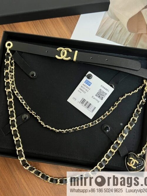 New ☑️ Chanel love peach heart black leather rope waist chain belt