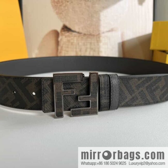 FENDI\'s latest extraordinary creative gradual change printing dark blue double FF cowhide belt 4.0cm