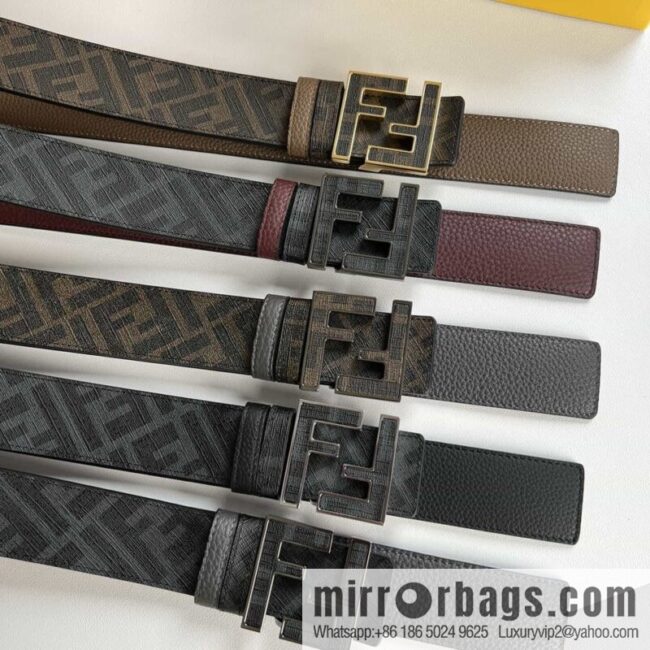 FENDI\'s latest extraordinary creative gradual change printing dark blue double FF cowhide belt 4.0cm